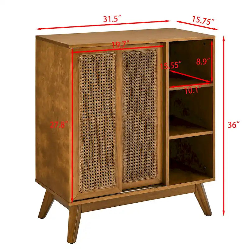 Meuble d'appoint en rotin Mid-Century Modern, Buffet avec étagère réglable et pieds en bois massif - Bois clair