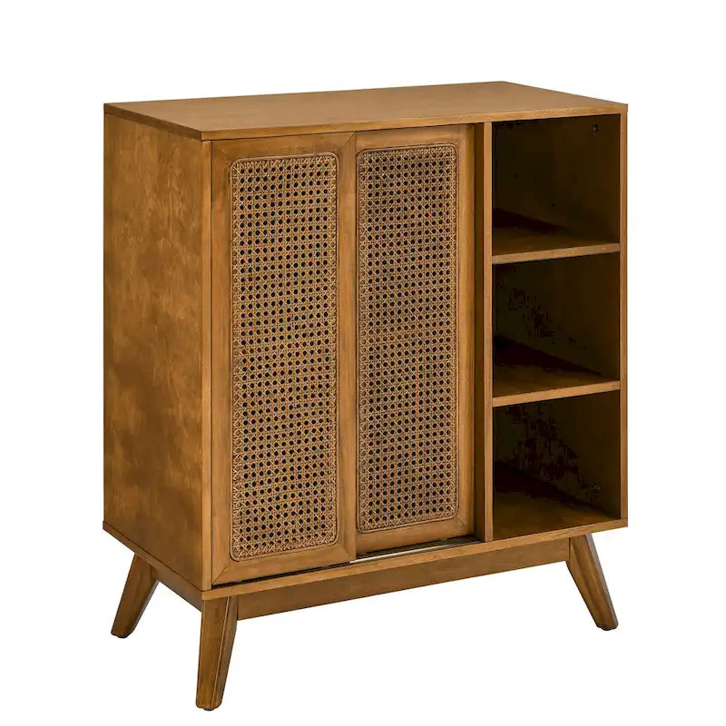 Meuble d'appoint en rotin Mid-Century Modern, Buffet avec étagère réglable et pieds en bois massif - Bois clair