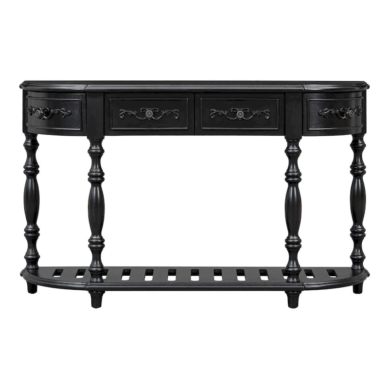 Console de 52 po, table d'appoint incurvée, table de canapé, table d'entrée pour couloir, salon, avec 4 tiroirs et 1 étagère