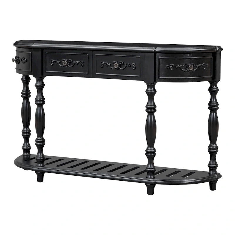 Console de 52 po, table d'appoint incurvée, table de canapé, table d'entrée pour couloir, salon, avec 4 tiroirs et 1 étagère