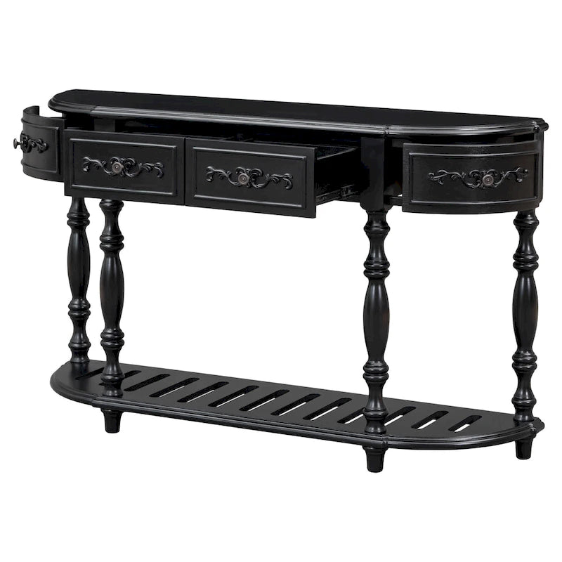 Console de 52 po, table d'appoint incurvée, table de canapé, table d'entrée pour couloir, salon, avec 4 tiroirs et 1 étagère