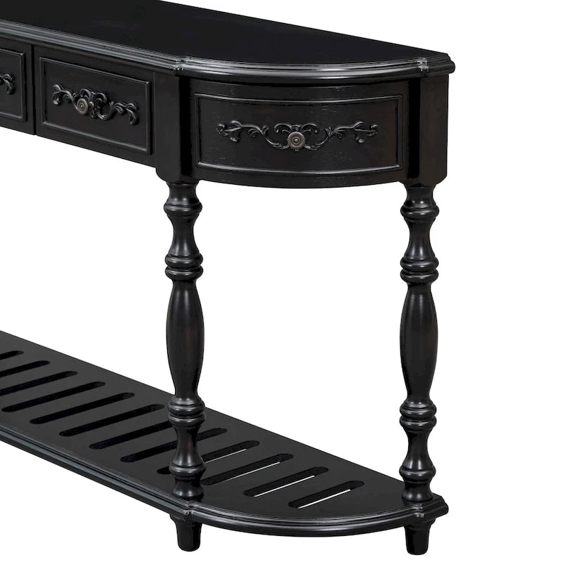 Console de 52 po, table d'appoint incurvée, table de canapé, table d'entrée pour couloir, salon, avec 4 tiroirs et 1 étagère