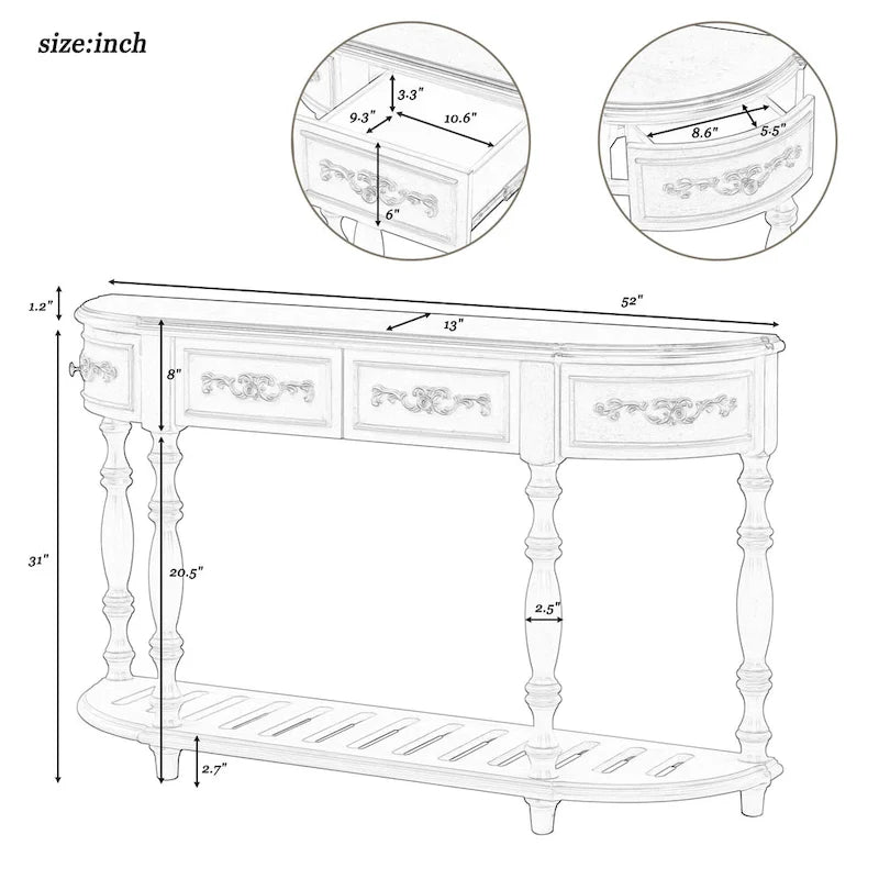 Console de 52 po, table d'appoint incurvée, table de canapé, table d'entrée pour couloir, salon, avec 4 tiroirs et 1 étagère