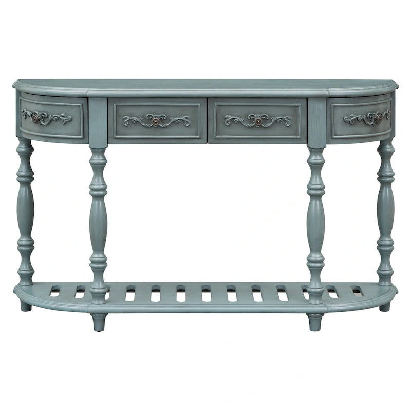 Console de 52 po, table d'appoint incurvée, table de canapé, table d'entrée pour couloir, salon, avec 4 tiroirs et 1 étagère