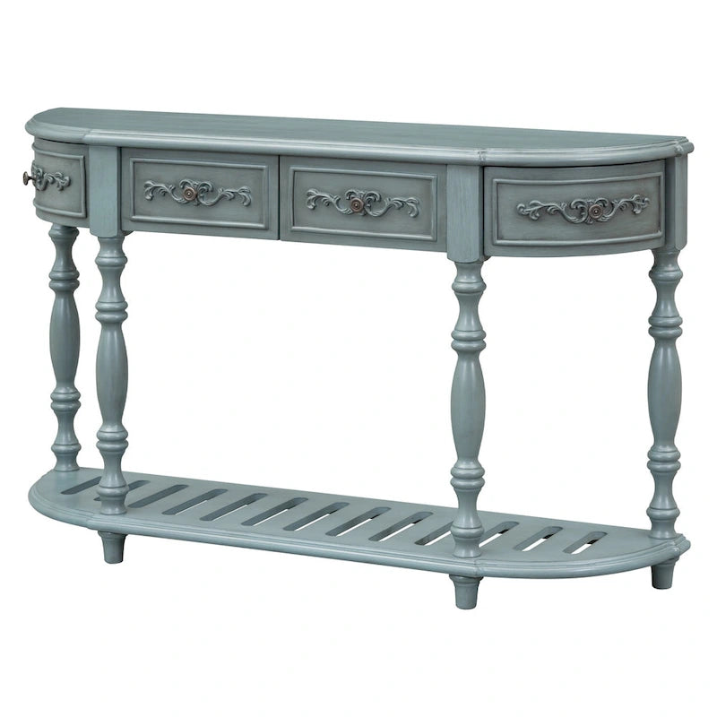 Console de 52 po, table d'appoint incurvée, table de canapé, table d'entrée pour couloir, salon, avec 4 tiroirs et 1 étagère