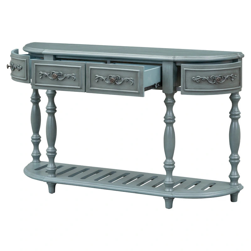 Console de 52 po, table d'appoint incurvée, table de canapé, table d'entrée pour couloir, salon, avec 4 tiroirs et 1 étagère