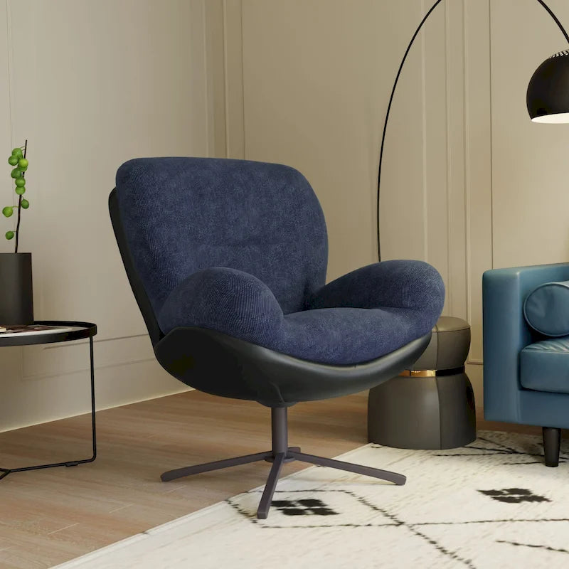 Fauteuil pivotant à 360°, fauteuil lounge moderne en chenille avec similicuir et piètement en métal noir, chaise de lecture confortable