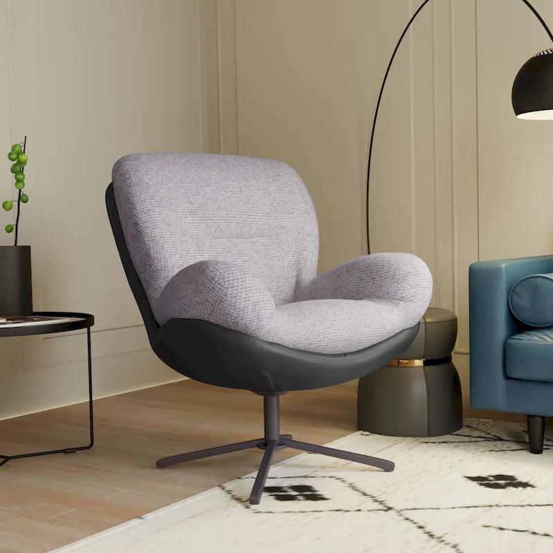Fauteuil pivotant à 360°, fauteuil lounge moderne en chenille avec similicuir et piètement en métal noir, chaise de lecture confortable