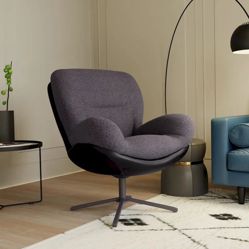 Fauteuil pivotant à 360°, fauteuil lounge moderne en chenille avec similicuir et piètement en métal noir, chaise de lecture confortable