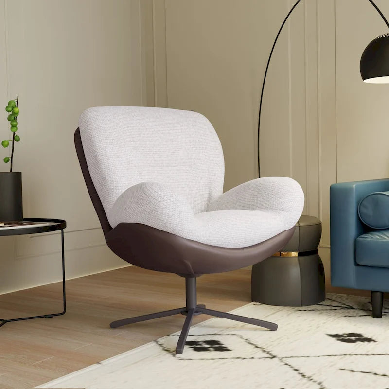 360 Swivel Accent Chair, Modern Chenille Lounge Chair with Faux Leather and Black Metal Base Frame, Comfortable Reading Chair