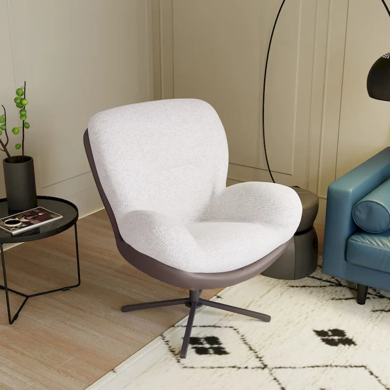 Fauteuil pivotant à 360°, fauteuil lounge moderne en chenille avec similicuir et piètement en métal noir, chaise de lecture confortable