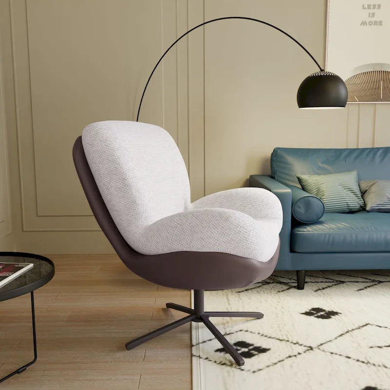 Fauteuil pivotant à 360°, fauteuil lounge moderne en chenille avec similicuir et piètement en métal noir, chaise de lecture confortable