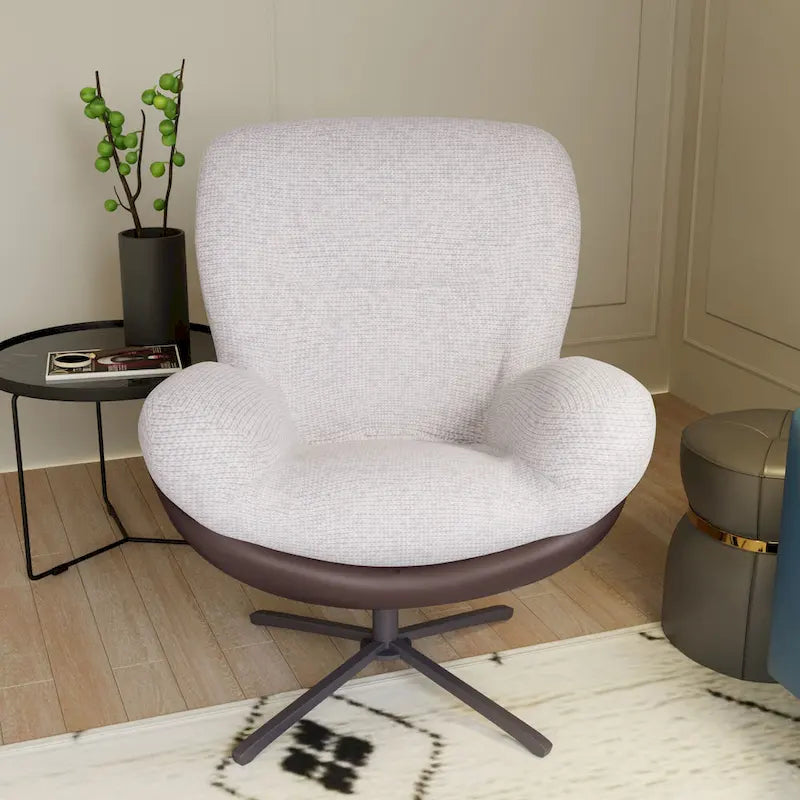 Fauteuil pivotant à 360°, fauteuil lounge moderne en chenille avec similicuir et piètement en métal noir, chaise de lecture confortable