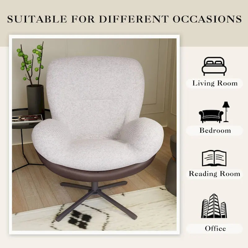Fauteuil pivotant à 360°, fauteuil lounge moderne en chenille avec similicuir et piètement en métal noir, chaise de lecture confortable