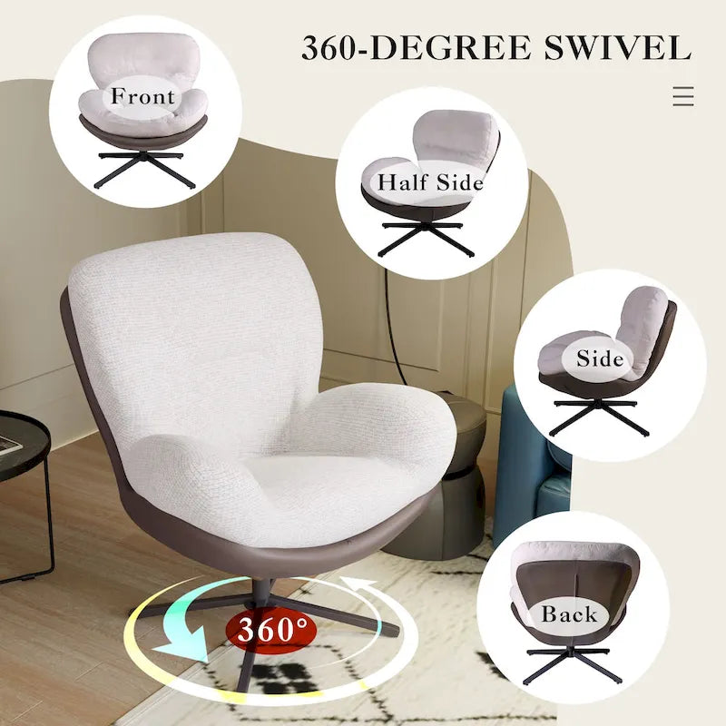 Fauteuil pivotant à 360°, fauteuil lounge moderne en chenille avec similicuir et piètement en métal noir, chaise de lecture confortable