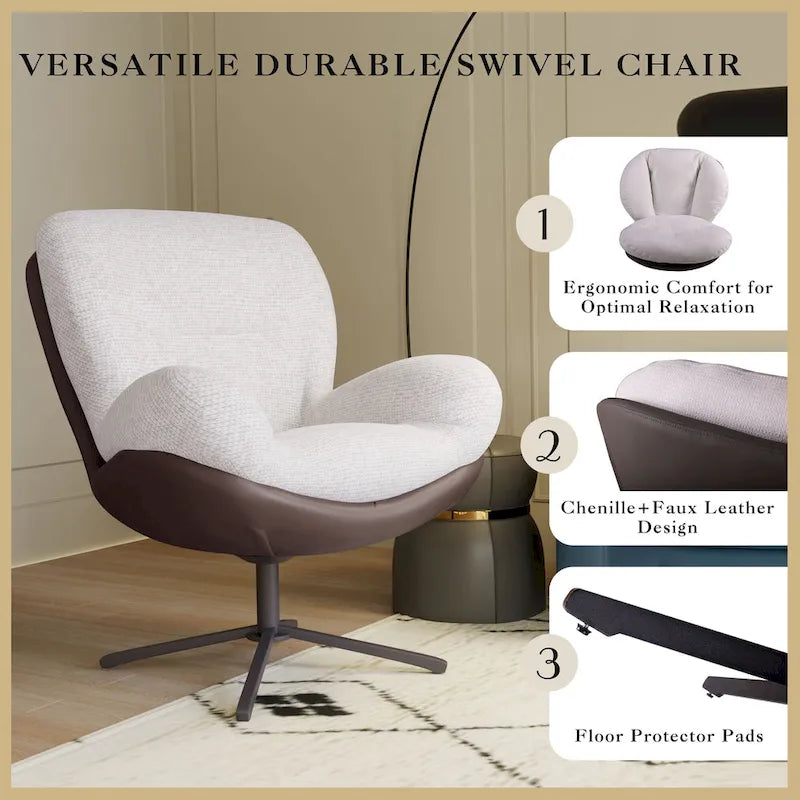 Fauteuil pivotant à 360°, fauteuil lounge moderne en chenille avec similicuir et piètement en métal noir, chaise de lecture confortable