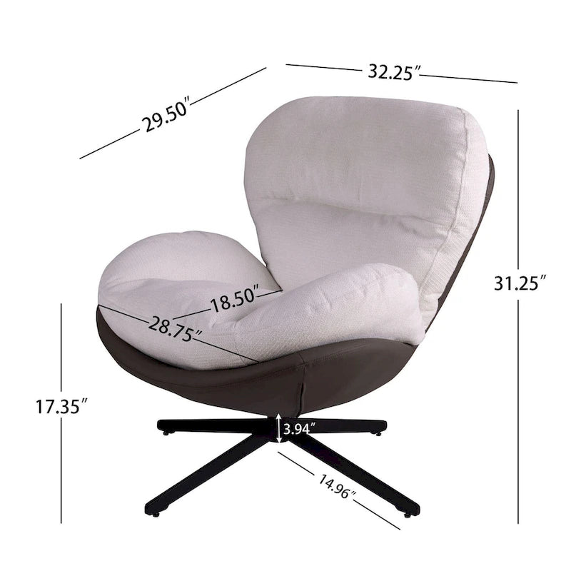 Fauteuil pivotant à 360°, fauteuil lounge moderne en chenille avec similicuir et piètement en métal noir, chaise de lecture confortable