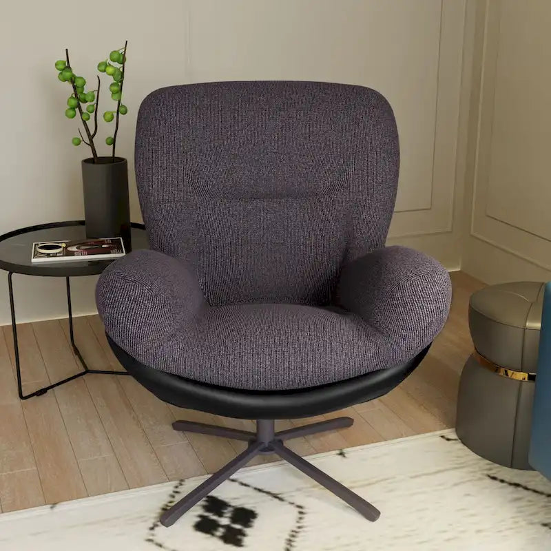 Fauteuil pivotant à 360°, fauteuil lounge moderne en chenille avec similicuir et piètement en métal noir, chaise de lecture confortable