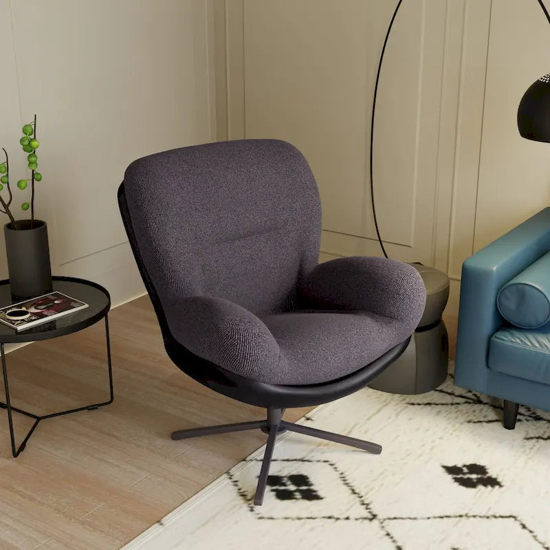 Fauteuil pivotant à 360°, fauteuil lounge moderne en chenille avec similicuir et piètement en métal noir, chaise de lecture confortable
