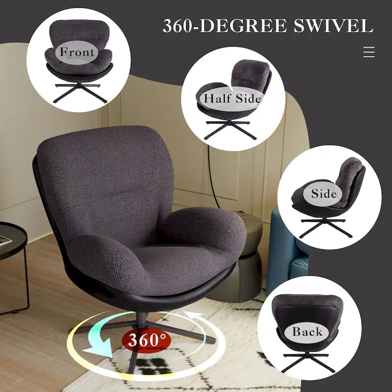 Fauteuil pivotant à 360°, fauteuil lounge moderne en chenille avec similicuir et piètement en métal noir, chaise de lecture confortable