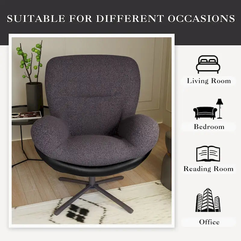 Fauteuil pivotant à 360°, fauteuil lounge moderne en chenille avec similicuir et piètement en métal noir, chaise de lecture confortable