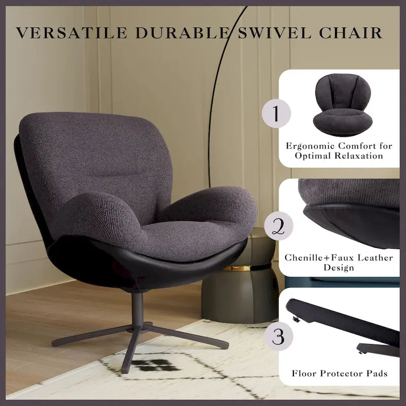 Fauteuil pivotant à 360°, fauteuil lounge moderne en chenille avec similicuir et piètement en métal noir, chaise de lecture confortable