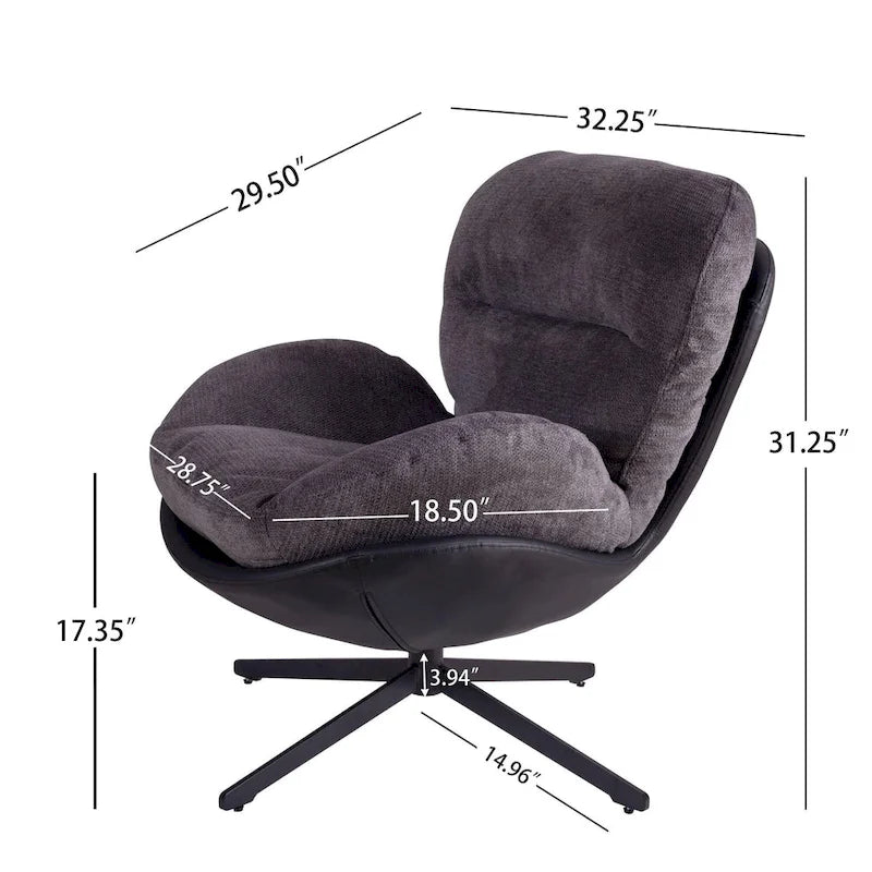 Fauteuil pivotant à 360°, fauteuil lounge moderne en chenille avec similicuir et piètement en métal noir, chaise de lecture confortable