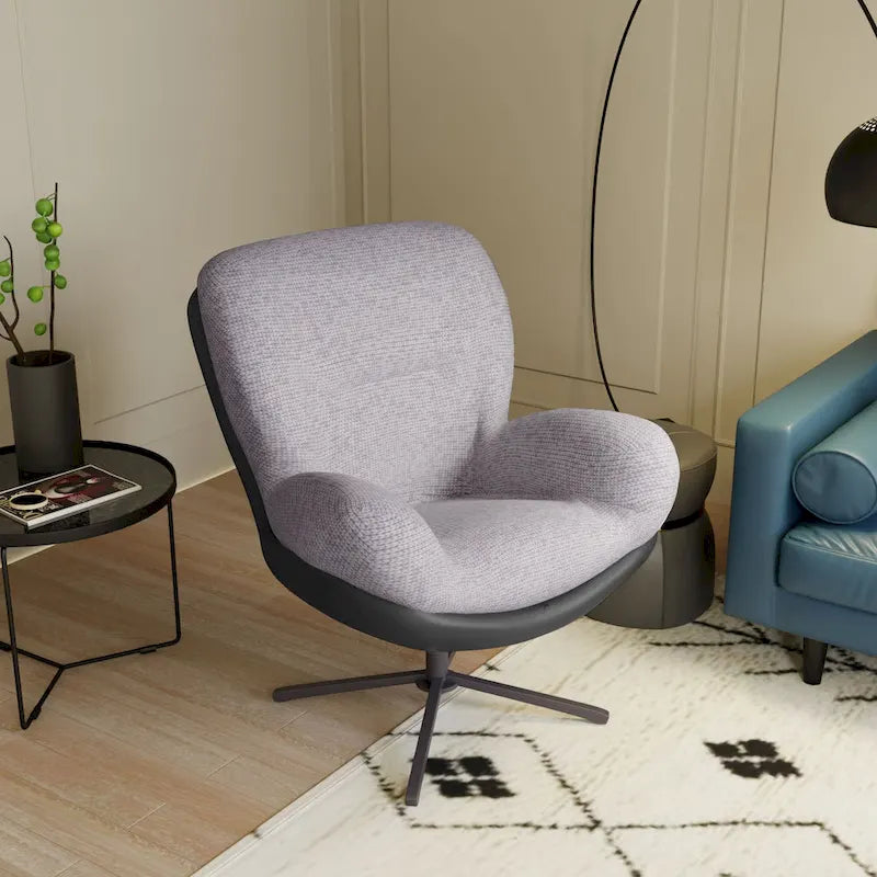 Fauteuil pivotant à 360°, fauteuil lounge moderne en chenille avec similicuir et piètement en métal noir, chaise de lecture confortable