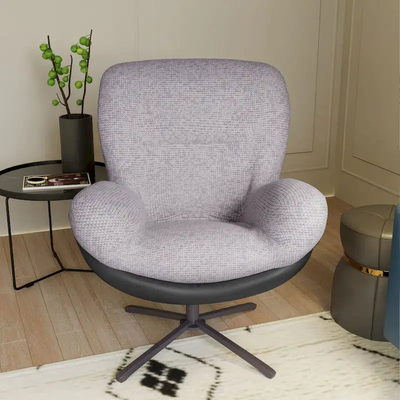 Fauteuil pivotant à 360°, fauteuil lounge moderne en chenille avec similicuir et piètement en métal noir, chaise de lecture confortable