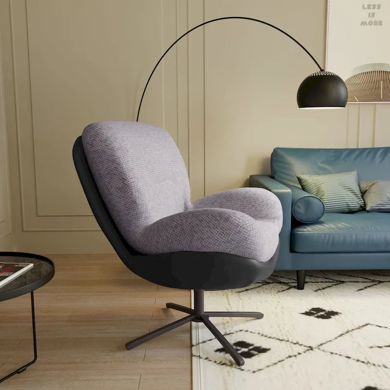 Fauteuil pivotant à 360°, fauteuil lounge moderne en chenille avec similicuir et piètement en métal noir, chaise de lecture confortable