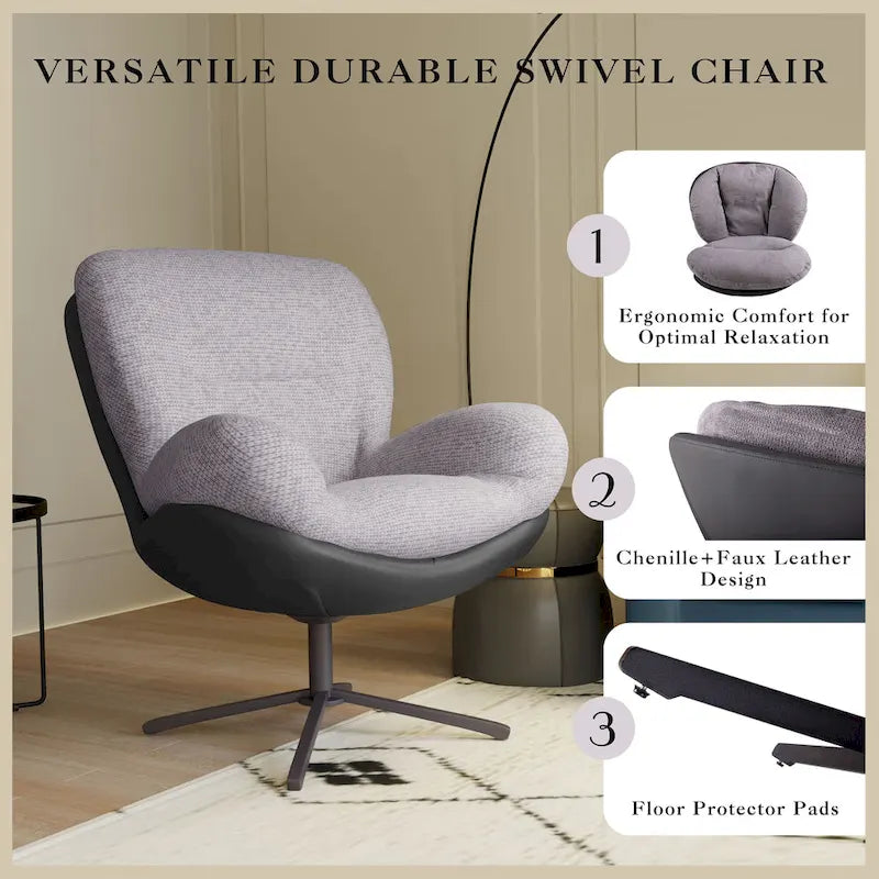 Fauteuil pivotant à 360°, fauteuil lounge moderne en chenille avec similicuir et piètement en métal noir, chaise de lecture confortable