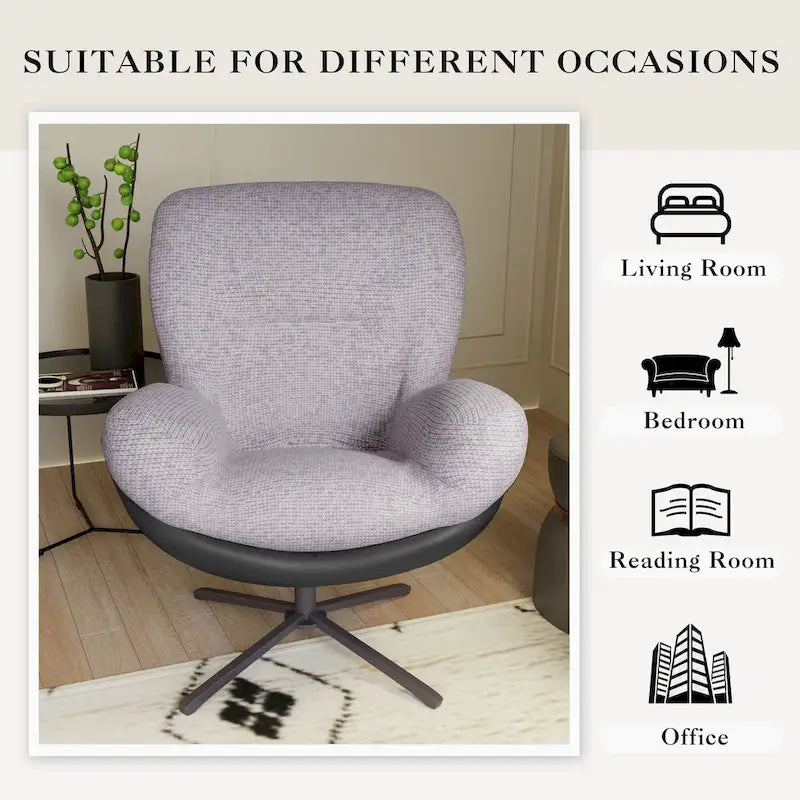 Fauteuil pivotant à 360°, fauteuil lounge moderne en chenille avec similicuir et piètement en métal noir, chaise de lecture confortable
