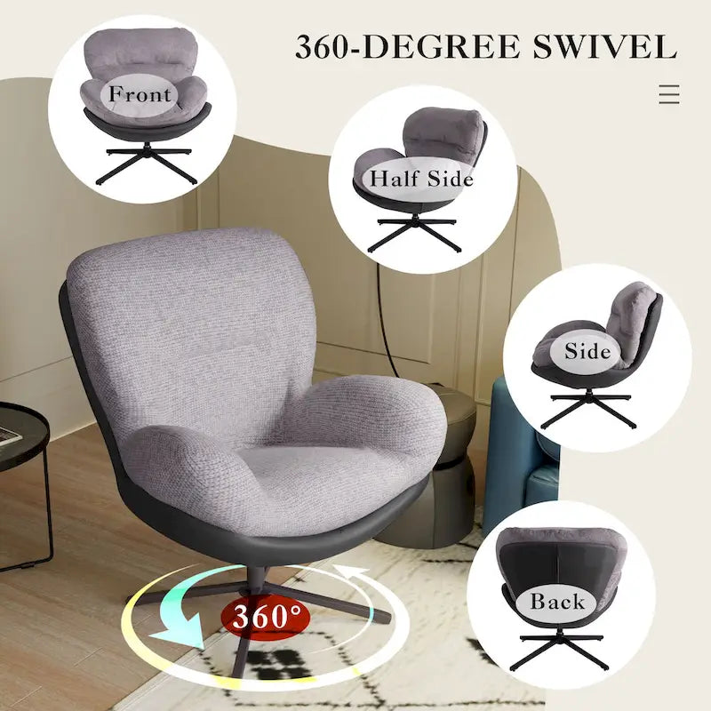 Fauteuil pivotant à 360°, fauteuil lounge moderne en chenille avec similicuir et piètement en métal noir, chaise de lecture confortable