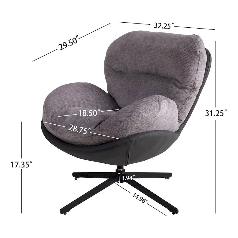 Fauteuil pivotant à 360°, fauteuil lounge moderne en chenille avec similicuir et piètement en métal noir, chaise de lecture confortable