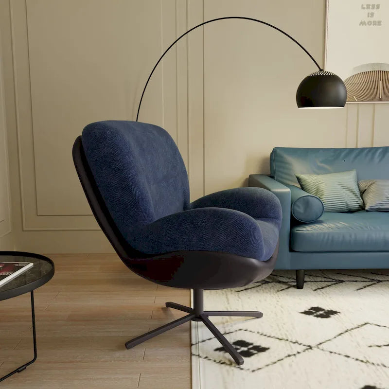 Fauteuil pivotant à 360°, fauteuil lounge moderne en chenille avec similicuir et piètement en métal noir, chaise de lecture confortable