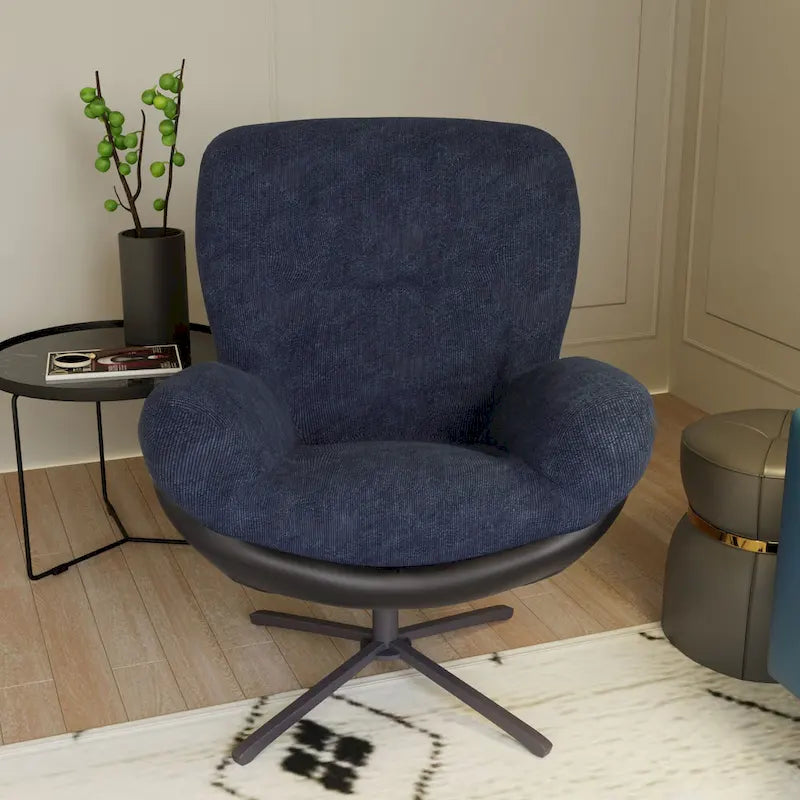 Fauteuil pivotant à 360°, fauteuil lounge moderne en chenille avec similicuir et piètement en métal noir, chaise de lecture confortable