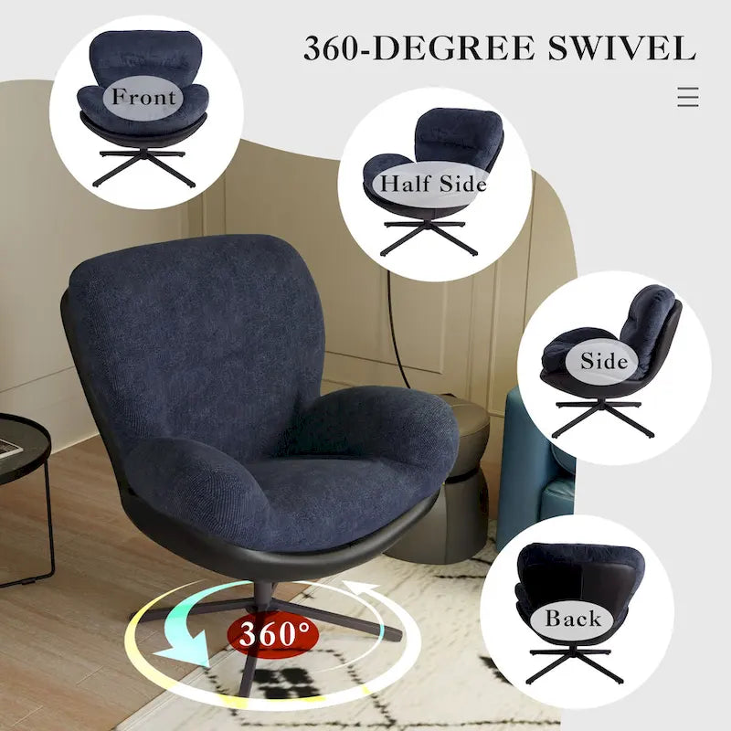Fauteuil pivotant à 360°, fauteuil lounge moderne en chenille avec similicuir et piètement en métal noir, chaise de lecture confortable