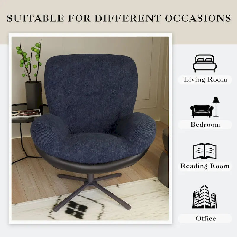 Fauteuil pivotant à 360°, fauteuil lounge moderne en chenille avec similicuir et piètement en métal noir, chaise de lecture confortable