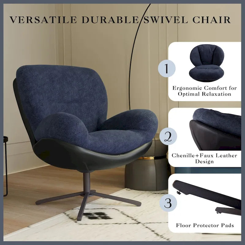 Fauteuil pivotant à 360°, fauteuil lounge moderne en chenille avec similicuir et piètement en métal noir, chaise de lecture confortable
