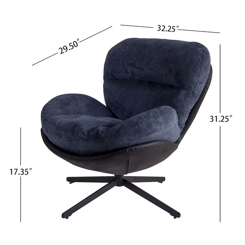 Fauteuil pivotant à 360°, fauteuil lounge moderne en chenille avec similicuir et piètement en métal noir, chaise de lecture confortable