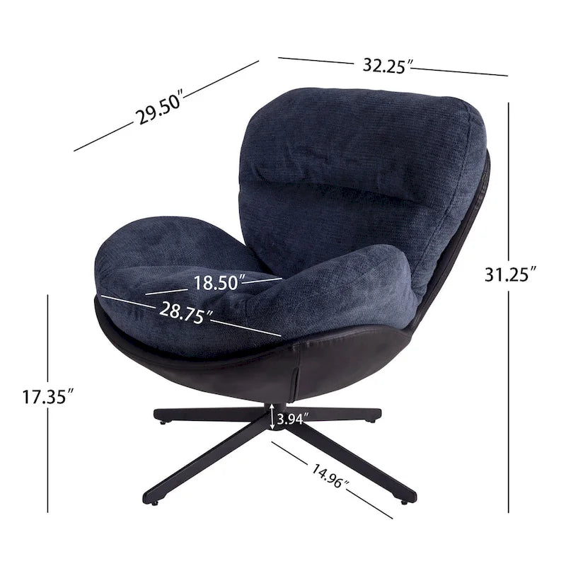 Fauteuil pivotant à 360°, fauteuil lounge moderne en chenille avec similicuir et piètement en métal noir, chaise de lecture confortable