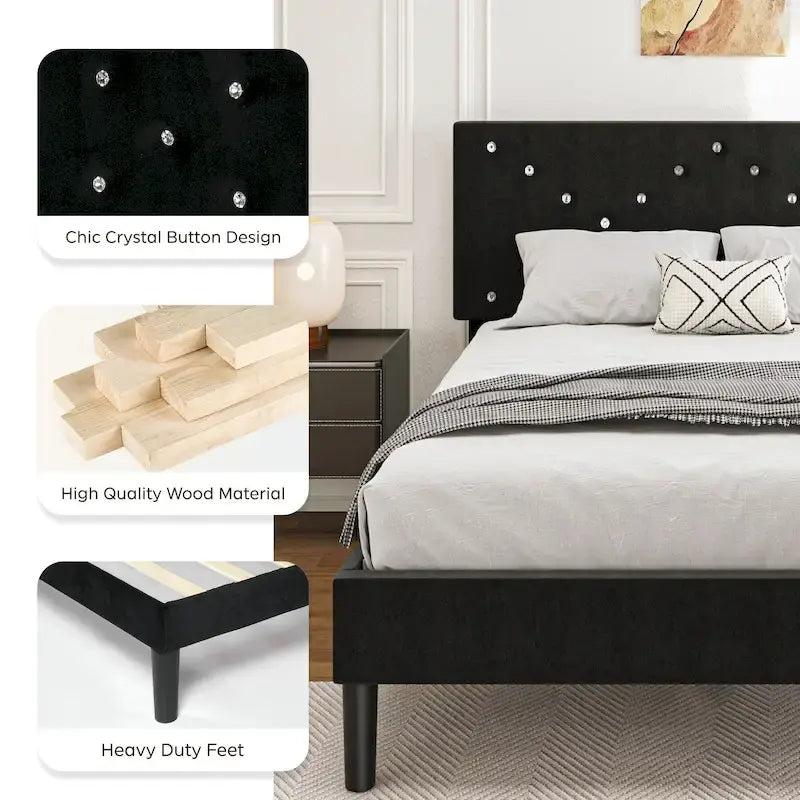 Lit plateforme capitonné, taille double, noir avec tête de lit rembourrée et cadre métallique robuste