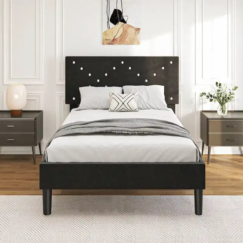 Lit plateforme capitonné, taille double, noir avec tête de lit rembourrée et cadre métallique robuste