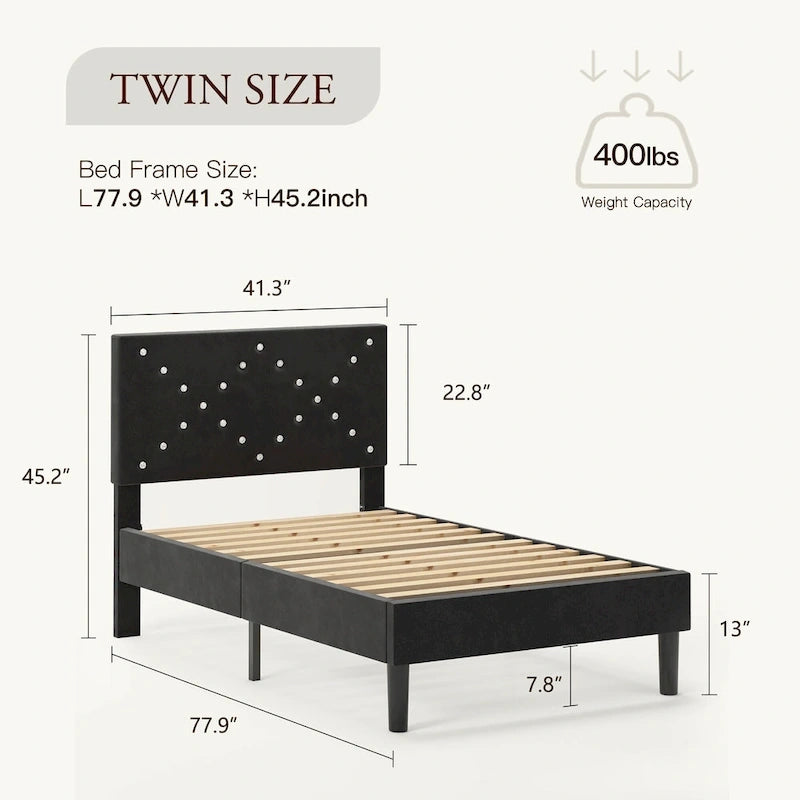 Lit plateforme capitonné, taille double, noir avec tête de lit rembourrée et cadre métallique robuste
