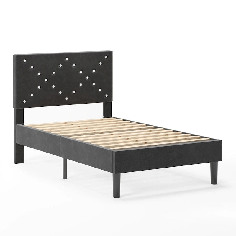Lit plateforme capitonné, taille double, noir avec tête de lit rembourrée et cadre métallique robuste