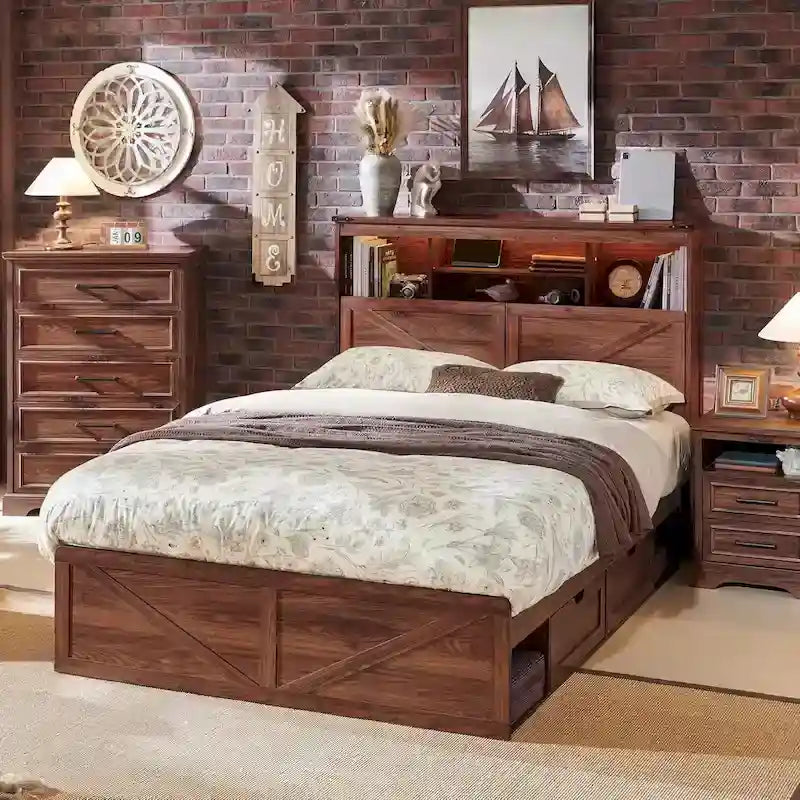 Lit en bois de taille double de style ferme avec tête de lit de rangement et tiroirs