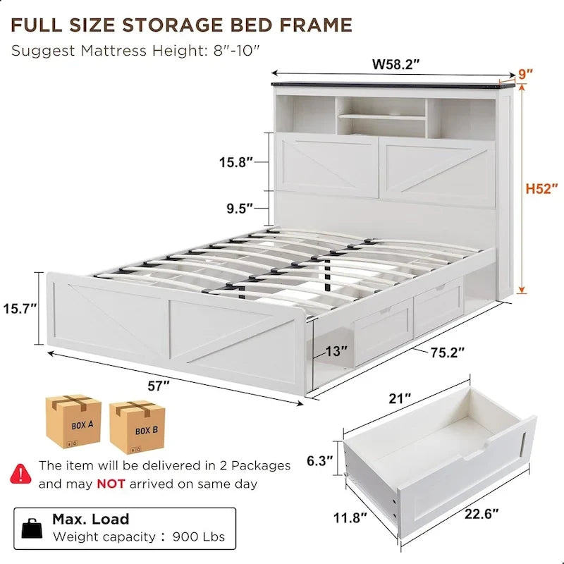 Lit en bois de taille double de style ferme avec tête de lit de rangement et tiroirs