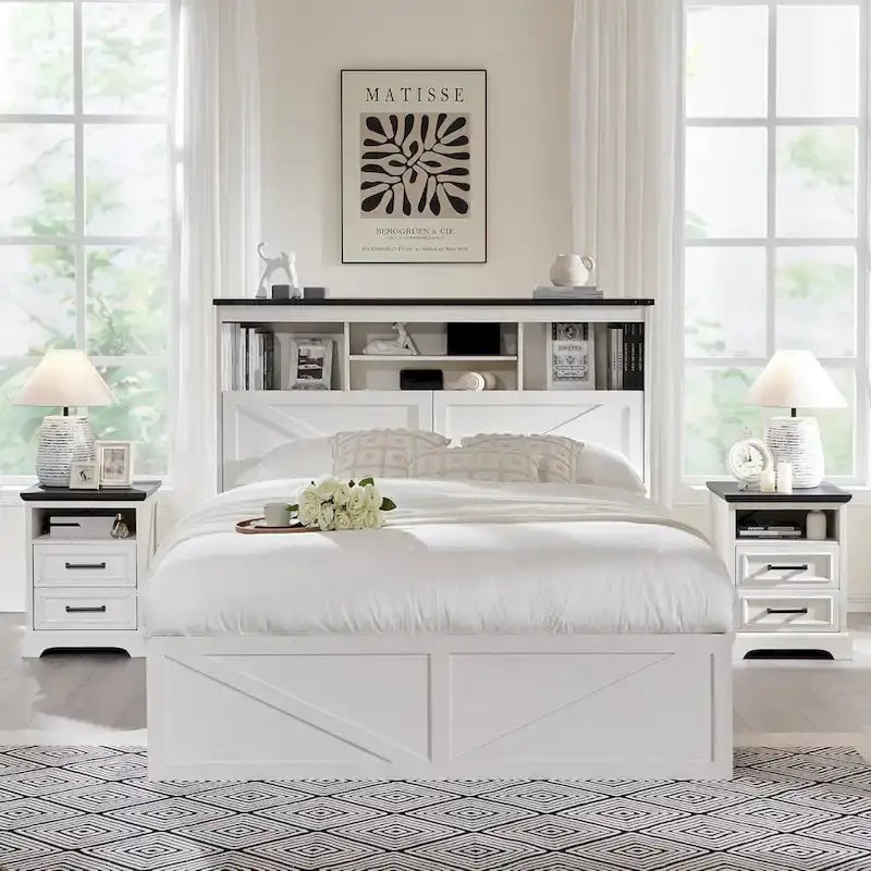 Lit en bois de taille double de style ferme avec tête de lit de rangement et tiroirs