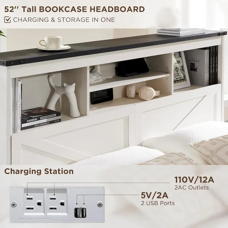 Lit en bois de taille double de style ferme avec tête de lit de rangement et tiroirs