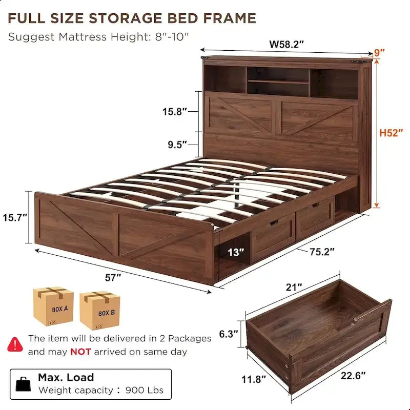Lit en bois de taille double de style ferme avec tête de lit de rangement et tiroirs